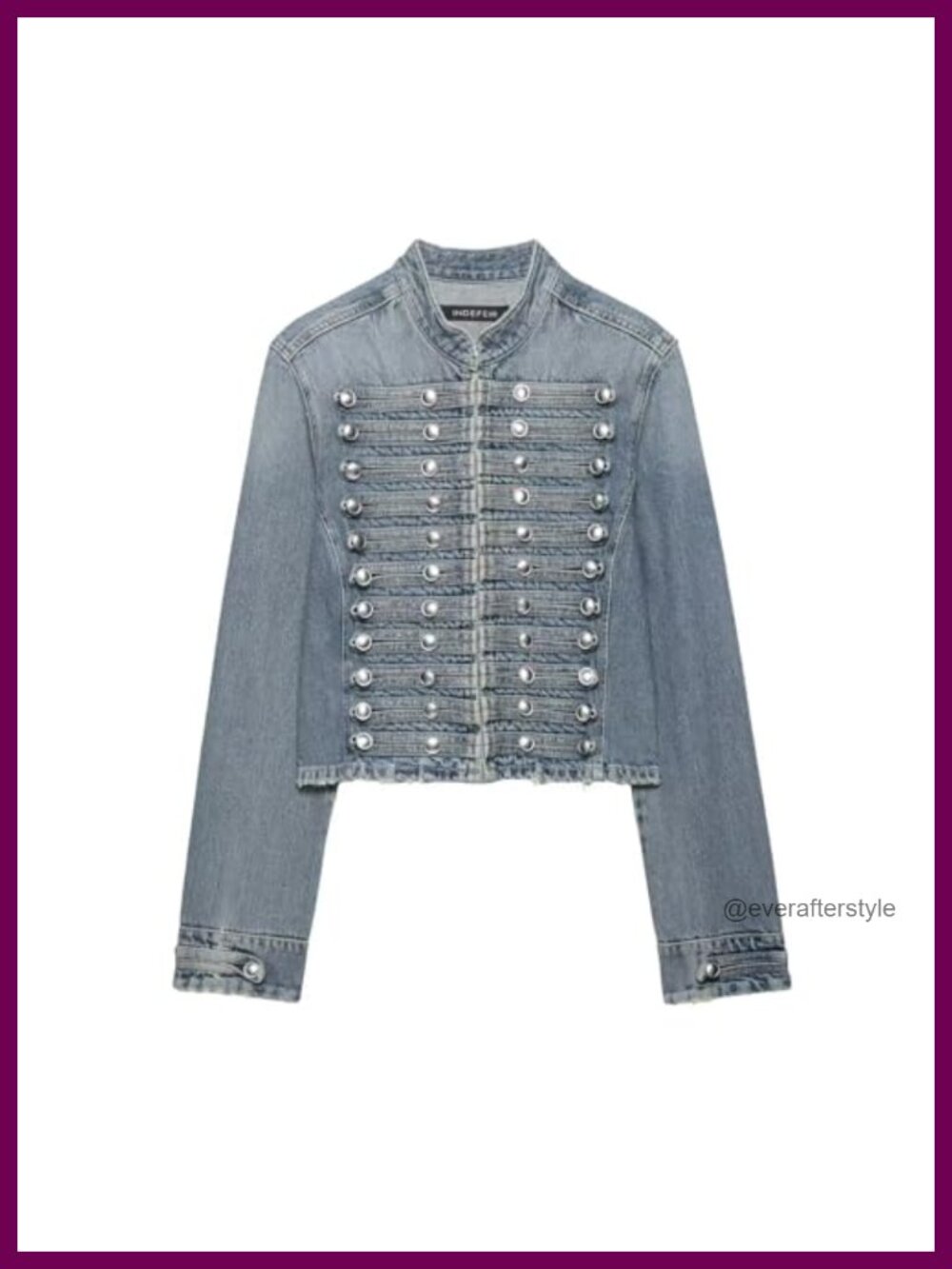 Fitted Cropped Denim Jacket Women Military Band Collar Hook Closure Long Sleeve
